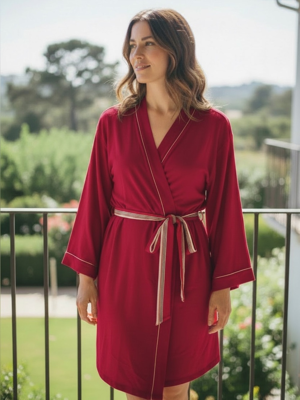 NEW HB by Hale Bob Women’s Wrap Robe - burgundy with colorful Striped Tie, Sz S